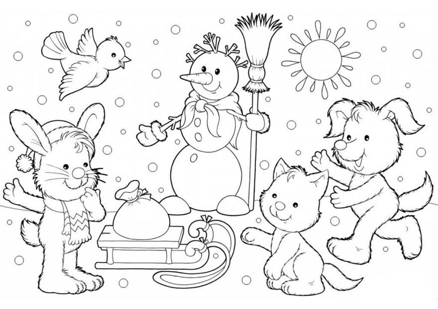 Раскраска животные зимой, для детей