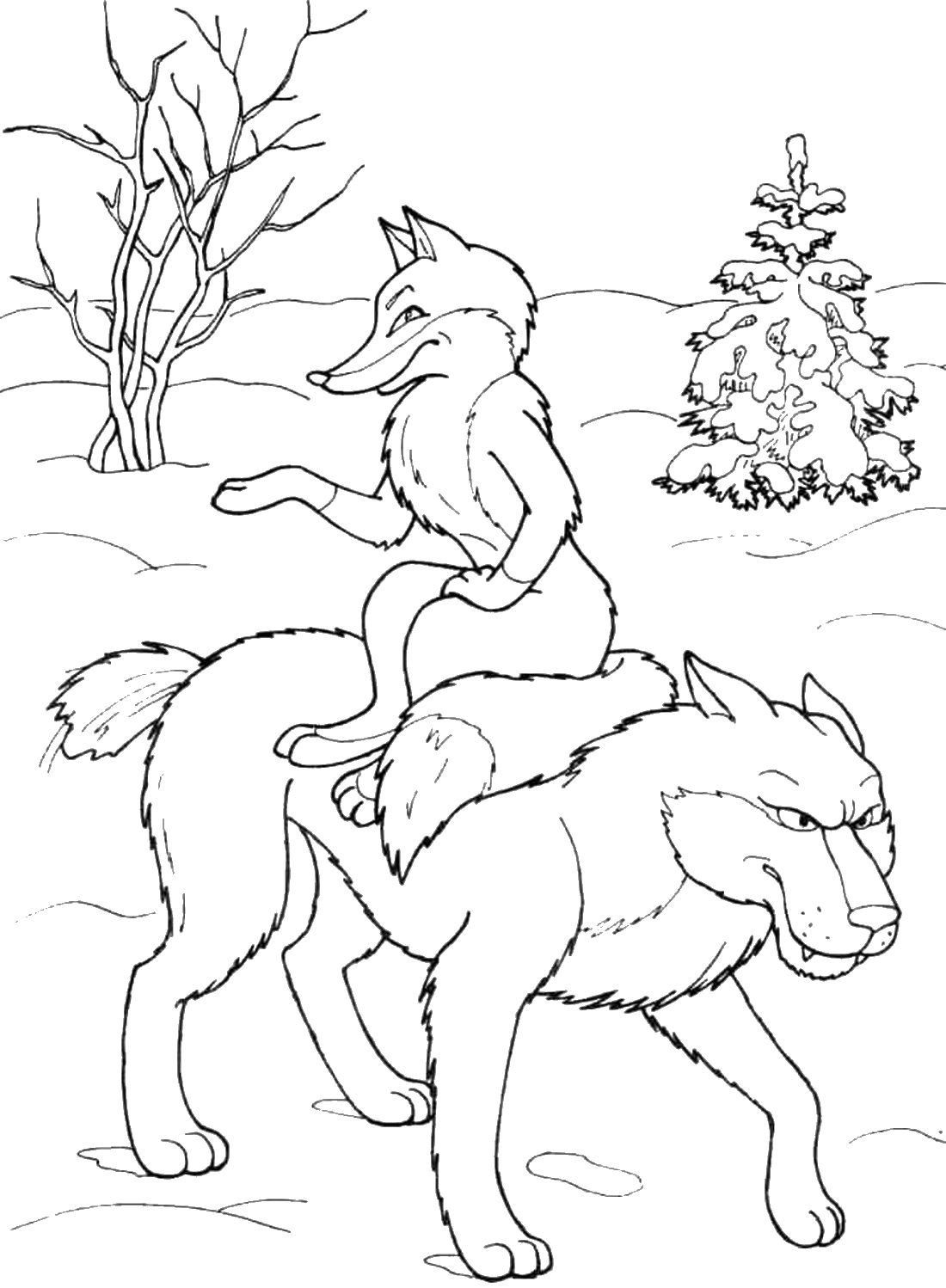 Лиса и волк раскраска для детей, скачать и распечатать бесплатно
